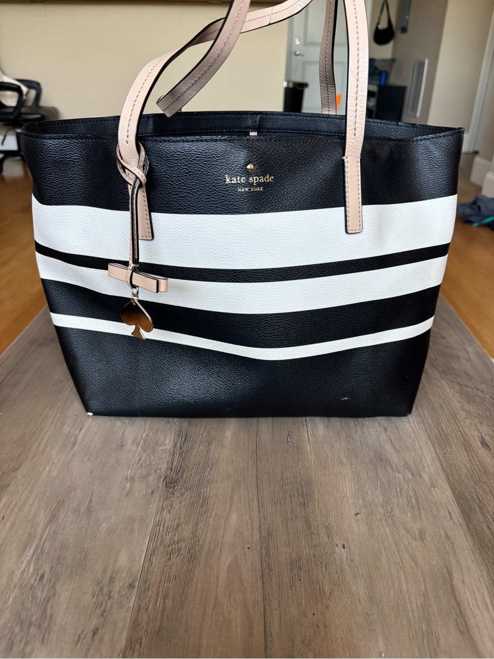 kate spade Black & White Striped Tote with Pink leather Handles
